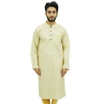Atasi Men's Beige Khadi Cotton Long Kurta Shirt Indian Ethnic Wear-Small