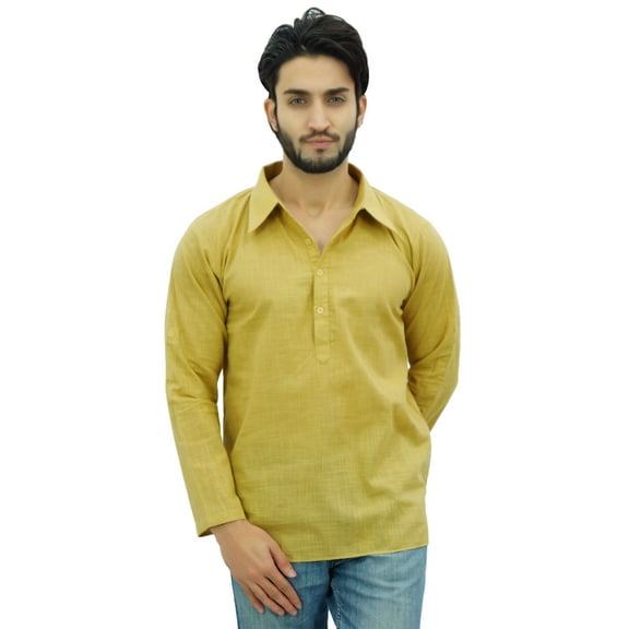 Atasi Men's Beige Kurta Roll-Over Shirt Collar Neck Ethnic Indian Clothing-Medium