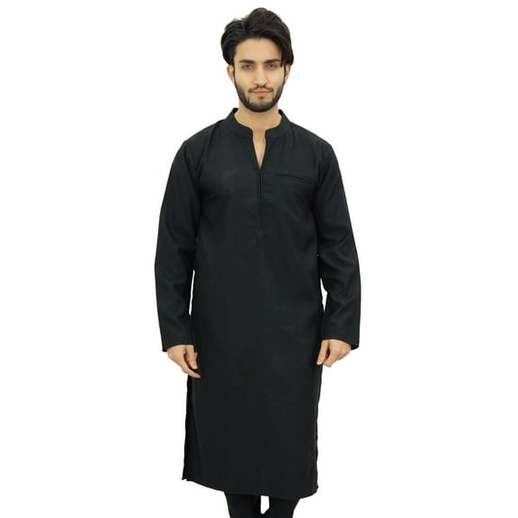 Atasi Men's Black Kurta Pyjama Set Ethnic Tunic Punjabi Long Shirt-Large