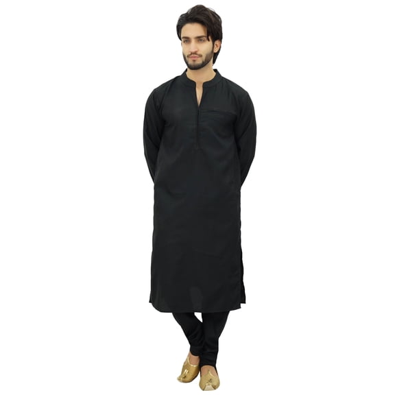 Atasi Men's Black Kurta Pyjama Set Ethnic Tunic Punjabi Long Shirt-Small