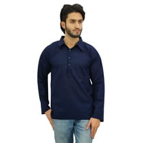 Atasi Men's Blue Kurta Roll-Over Shirt Collar Neck Ethnic Indian Clothing-Small