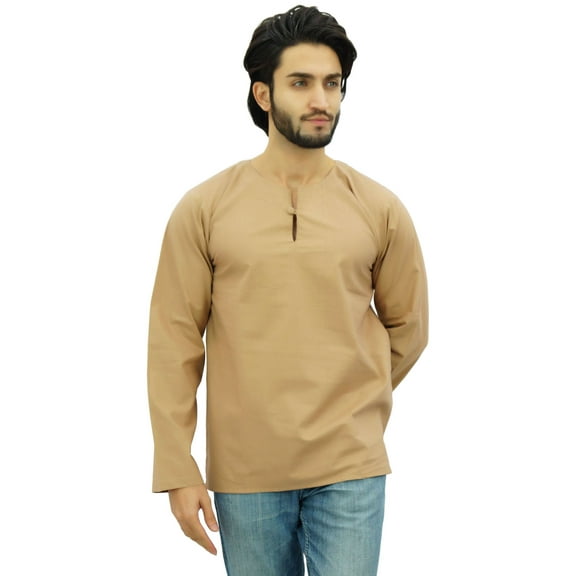 Atasi Men's Brown Short Kurta Round Keyhole Neck Cotton Tunic Shirt-XXX-Large