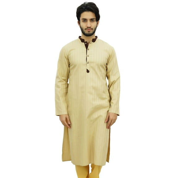 Atasi Men's Casual Beige Designer Long Kurta Ethnic Wear Tunic Shirt-Small