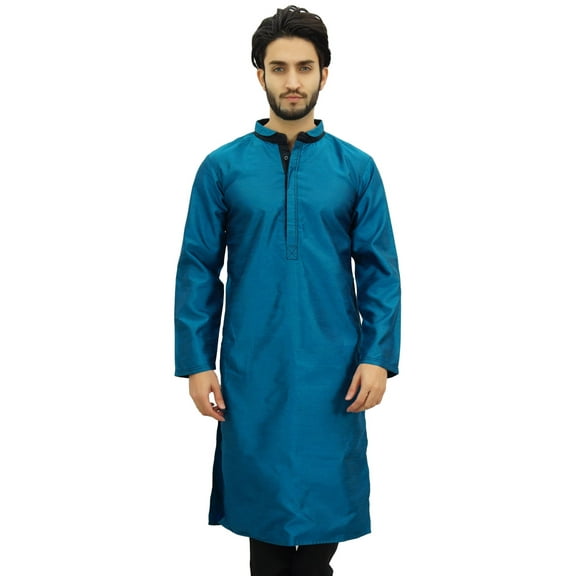 Atasi Men's Casual Dupion Kurta Pyjama Blue Mandarin Collar Ethnic Shirt-S
