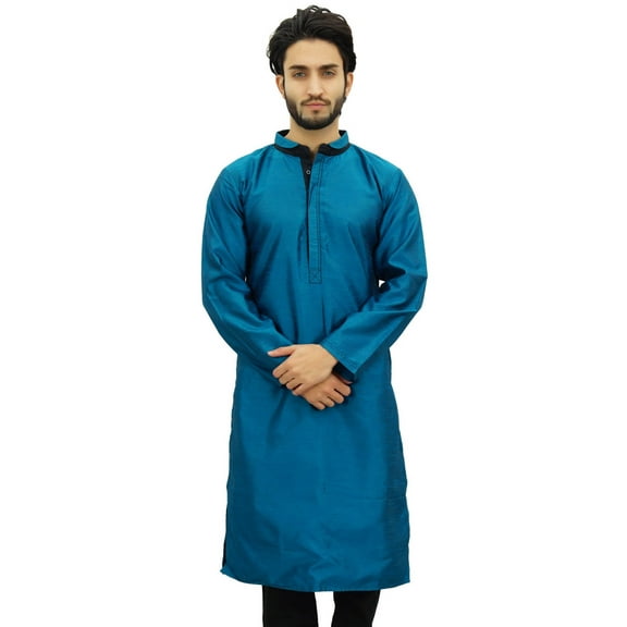 Atasi Men's Casual Dupion Long Kurta Blue Mandarin Collar Ethnic Shirt-XXXL