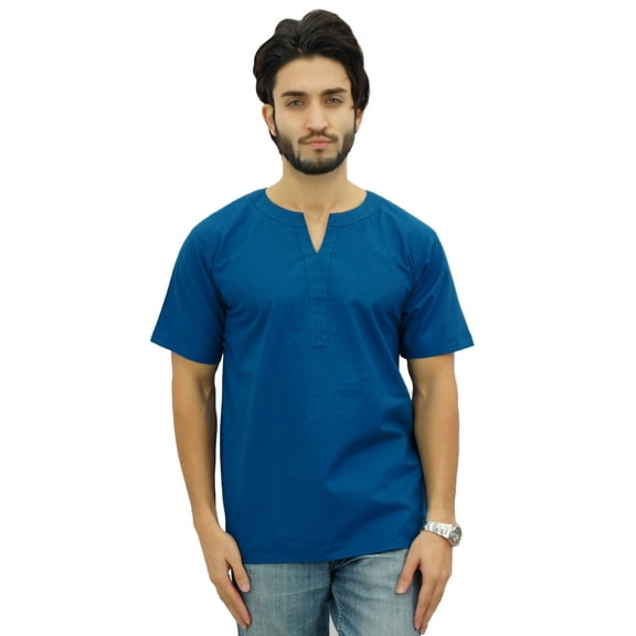 Atasi Men's Casual Short Kurta Indian Tunic V-Neck Cotton Top-Small