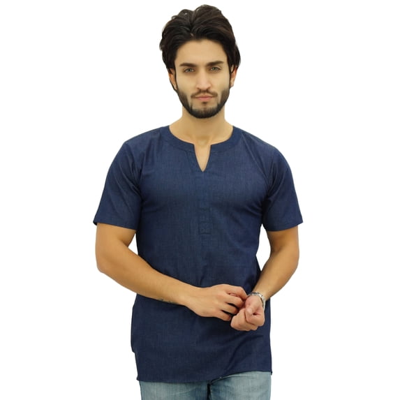 Atasi Men's Casual Short Kurta Indian Tunic V-Neck Denim Shirt-Large