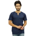 thumbnail image 1 of Atasi Men's Casual Short Kurta Indian Tunic V-Neck Denim Shirt-Small, 1 of 7