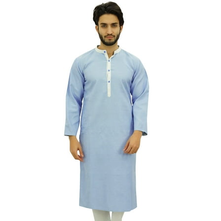 Atasi Men's Classic Blue Kurta Long Cotton Shirt Ethnic Casual Wear-Small