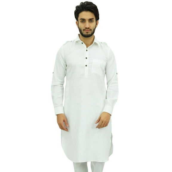 Atasi Men's Classic White Pathani Style Kurta Long Cotton Shirt-Large