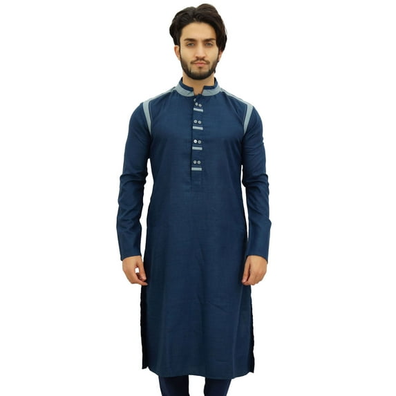 Atasi Men's Designer Ethnic Navy Blue Cotton Kurta Pyjama Set Long Shirt-Medium