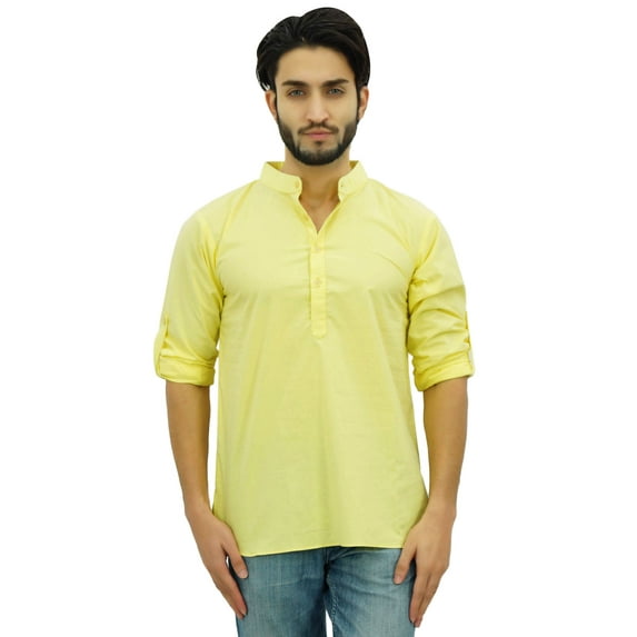 Atasi Men's Ethnic Kurta Yellow Mandarin Collar Cotton Tunic Shirt-Large