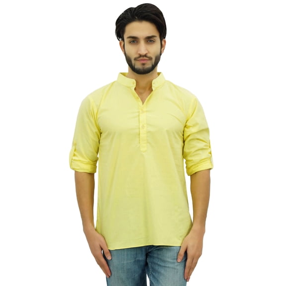 Atasi Men's Ethnic Kurta Yellow Mandarin Collar Cotton Tunic Shirt-XX-Large