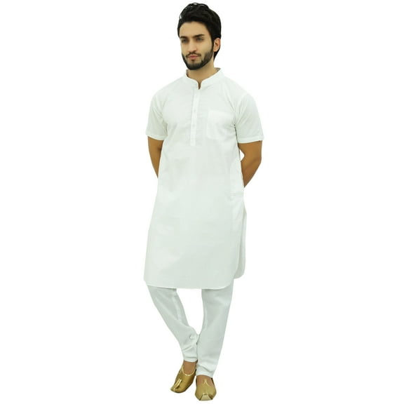 Atasi Men's Ethnic White Kurta Pajama Set Casual Collar Punjabi Long Shirt-Medium