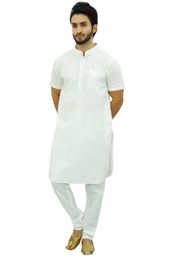Men's Ethnic White Kurta Pajama Set Casual Collar Punjabi Long Shirt-Medium