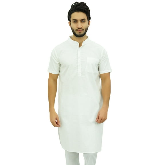 Atasi Men's Ethnic White Kurta Pajama Set Casual Collar Punjabi Long Shirt-XX-Large