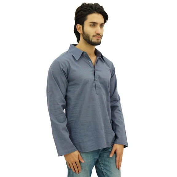 Atasi Men's Gray Kurta Roll-Over Shirt Collar Neck Ethnic Indian Clothing-Medium
