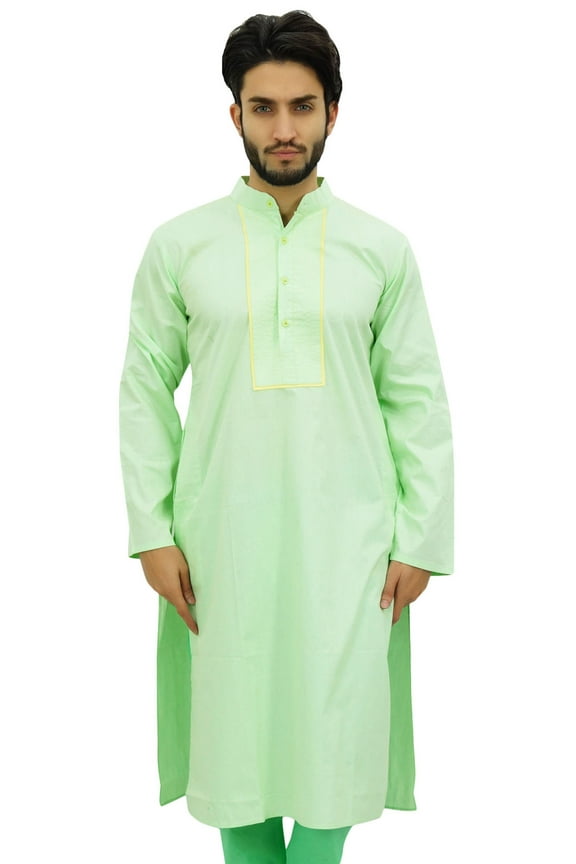 Men's Green Regular Cotton Long Kurta Ethnic Indian Designer Shirt-Small