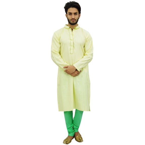 Atasi Men's Kurta Pyjama Set Long Cotton Yellow Tunic Shirt Ethnic Wear-Medium