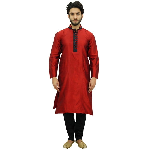 Atasi Men's Kurta Pyjama Set Maroon Dupion Ethnic Bollywood Shirt-Medium