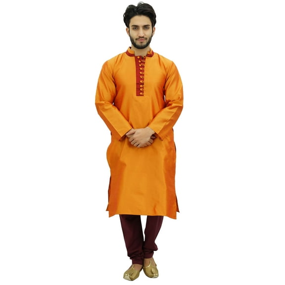 Atasi Men's Kurta Pyjama Set Orange Dupion Ethnic Bollywood Shirt-XXX-Large