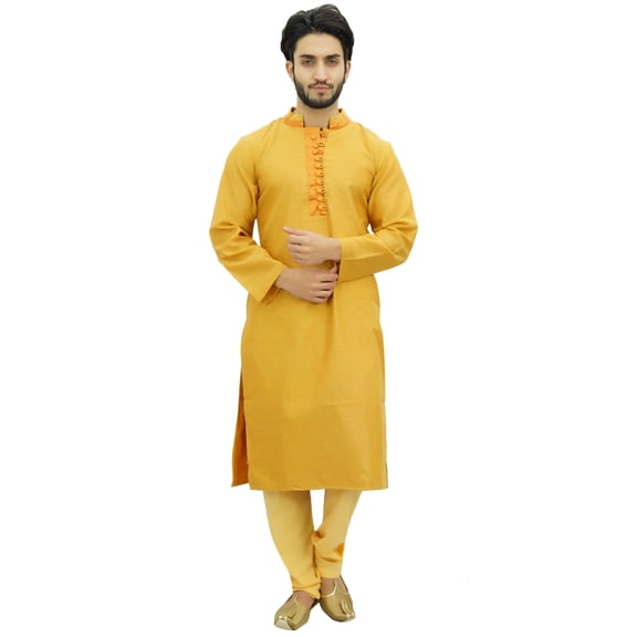 Atasi Men's Kurta Pyjama Set Yellow Dupion Ethnic Bollywood Shirt-Small