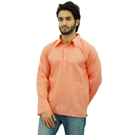 Atasi Men's Kurta Roll-Over Peach Shirt Collar Neck Ethnic Indian Clothing-XX-Large