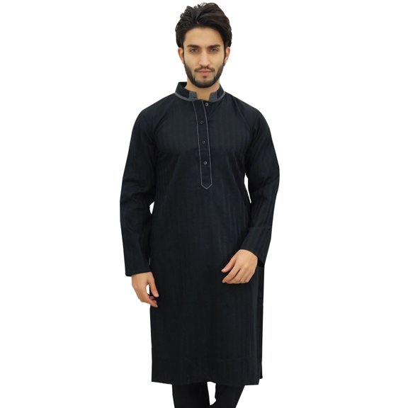 Atasi Men's Long Black Cotton Mandarin Collar Shirt Ethnic Clothing-Medium