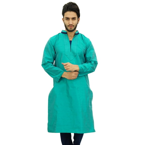 Atasi Men's Long Green Kurta Dupion Indian Shirt Ethnic Tunic-XXX-Large