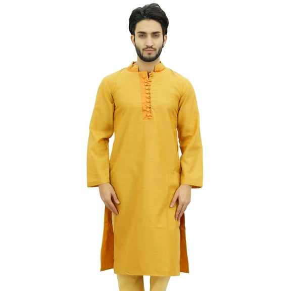 Atasi Men's Long Kurta Yellow Dupion Ethnic Bollywood Style Shirt-Large