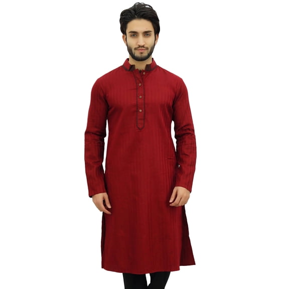 Atasi Men's Long Maroon Cotton Mandarin Collar Shirt Ethnic Clothing-XX-Large