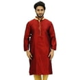 thumbnail image 1 of Atasi Men's Long Maroon Dupion Band Collar Shirt Ethnic Clothing-Medium, 1 of 7