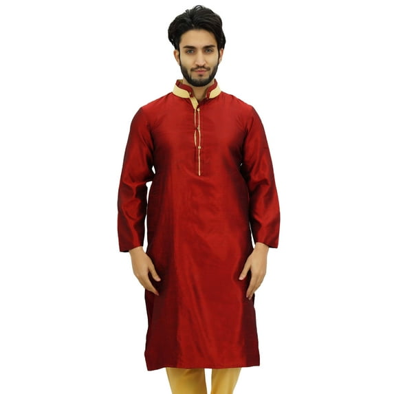 Atasi Men's Long Maroon Dupion Band Collar Shirt Ethnic Clothing-Medium