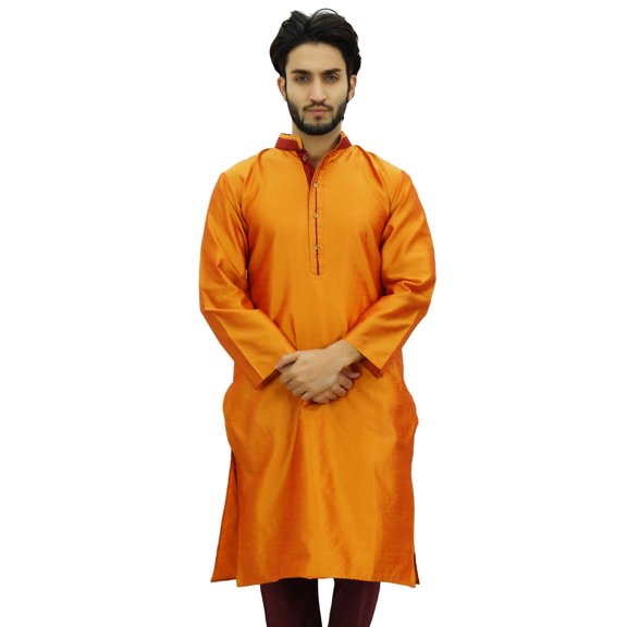 Atasi Men's Long Orange Dupion Band Collar Shirt Ethnic Clothing-Small