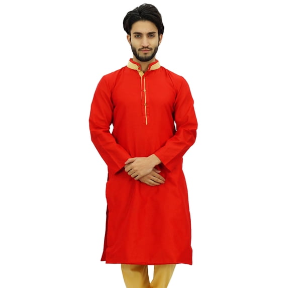 Atasi Men's Long Red Dupion Band Collar Shirt Ethnic Clothing-Medium