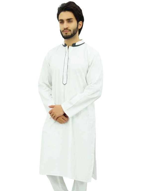 Men's Long White Cotton Mandarin Collar Shirt Ethnic Clothing-Medium