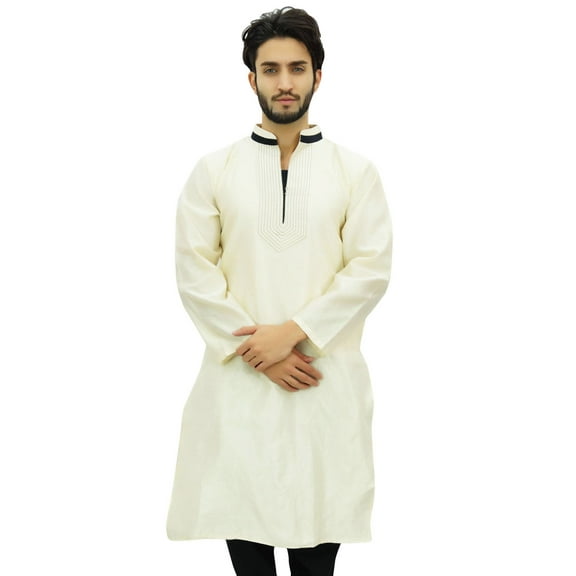 Atasi Men's Long White Kurta Dupion Indian Shirt Ethnic Tunic-Small