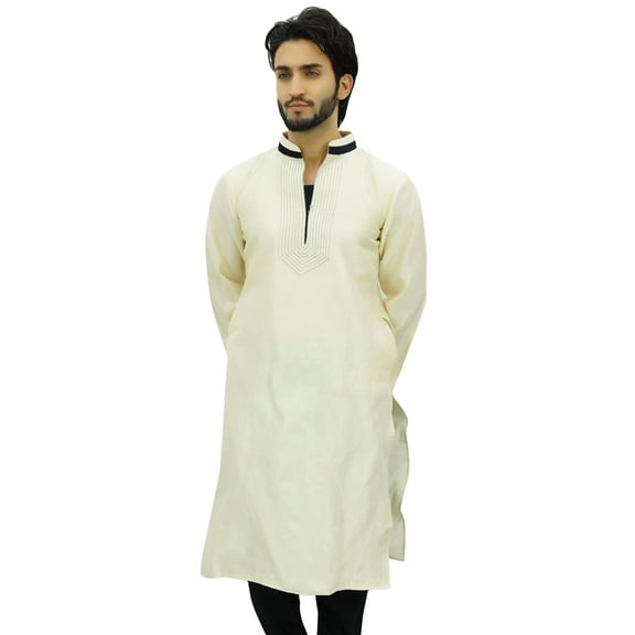 Atasi Men's Long White Kurta Dupion Indian Shirt Ethnic Tunic-XX-Large