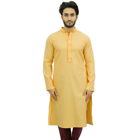 Atasi Men's Long Yellow Cotton Mandarin Collar Shirt Ethnic Clothing-XXX-Large
