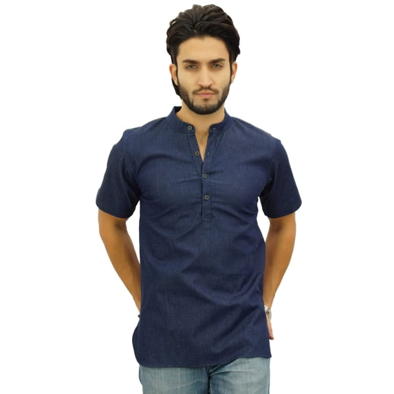 Atasi Men's Mandarin Collar Blue Denim Kurta Half Sleeve Casual Tunic-3XL