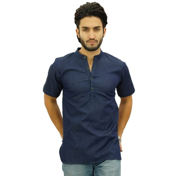 Atasi Men's Mandarin Collar Blue Denim Kurta Half Sleeve Casual Tunic-XXL