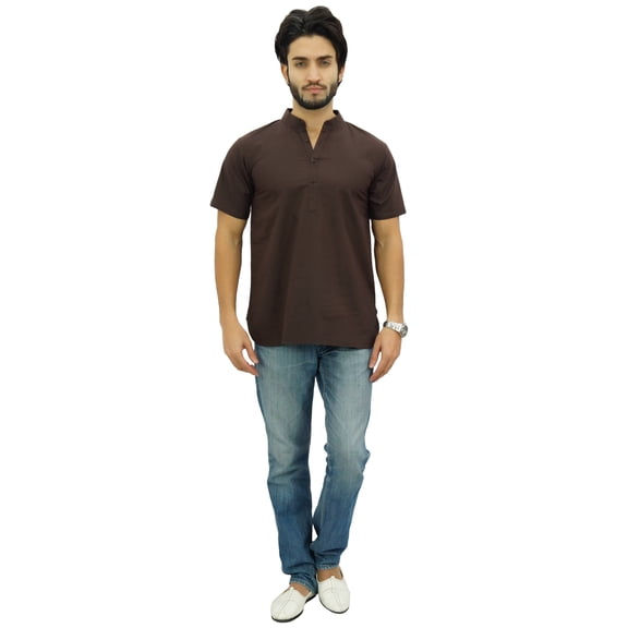 Atasi Men's Mandarin Collar Brown Cotton Kurta Half Sleeve Casual Tunic-3XL
