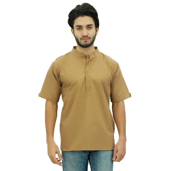 Atasi Men's Mandarin Collar Cotton Short Kurta Casual Ethnic Shirt-Large