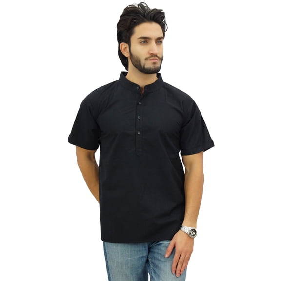 Atasi Men's Mandarin Collar Cotton Short Kurta Casual Ethnic Shirt-Medium