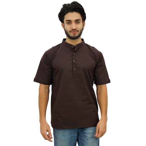 Atasi Men's Mandarin Collar Cotton Short Kurta Casual Ethnic Shirt-X-Large