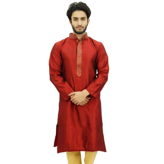 Atasi Men's Maroon Long Kurta Casual Shirt Festive Designer Clothing-Small