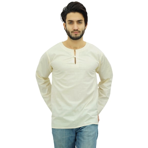 Atasi Men's Off White Short Kurta Round Keyhole Neck Cotton Shirt-Small