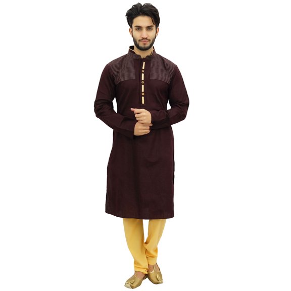 Atasi Men's Party Wear Linen Kurta Pyjama Set Brown Ethnic Shirt-Medium