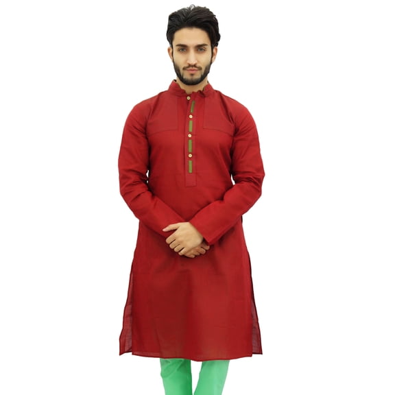 Atasi Men's Party Wear Linen Kurta Pyjama Set Red Ethnic Shirt-X-Large