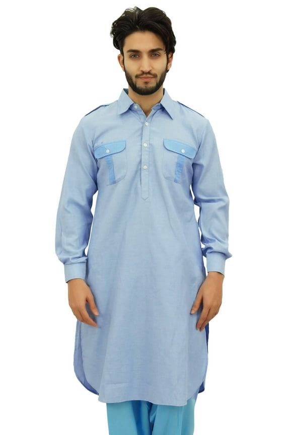 Men's Pathani Style Men's Long Kurta Blue Punjabi Ethnic Shirt-XXX-Large